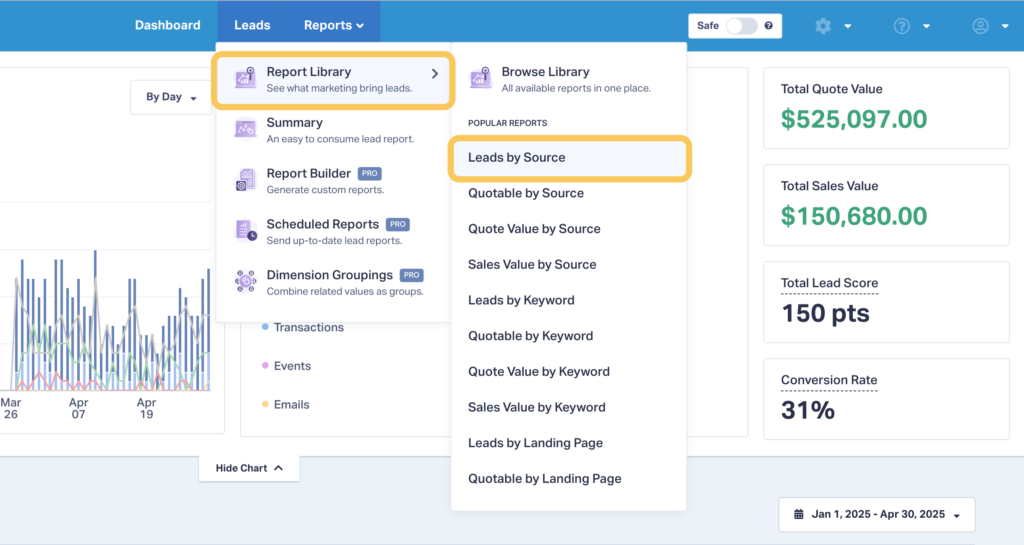 WhatConverts screenshot showing how to access the Leads by Source and Medium Report.