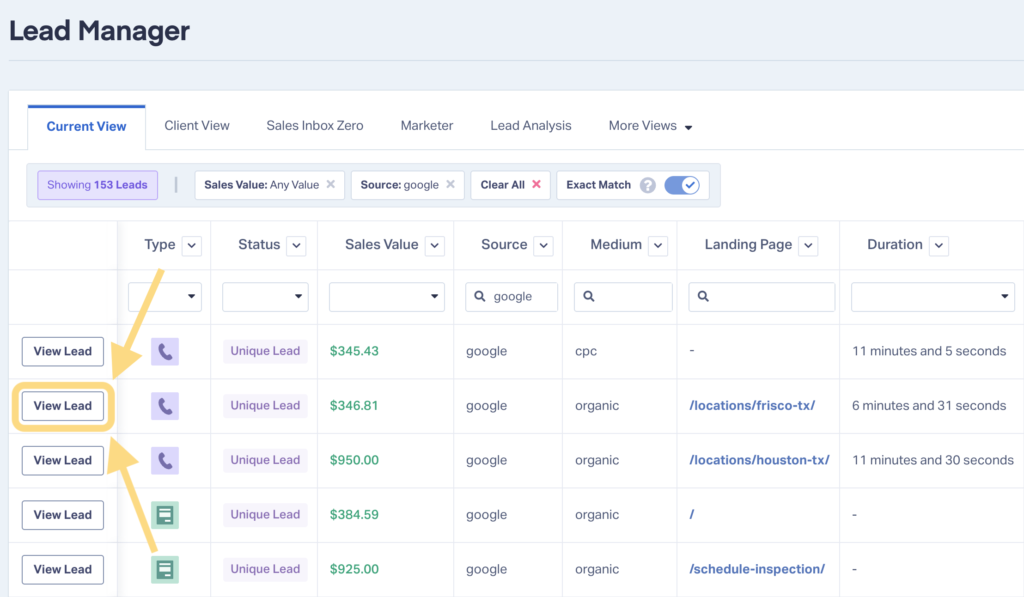 Screenshot showing how to get into the Lead Details screen in WhatConverts so you can get to the Customer Journey.