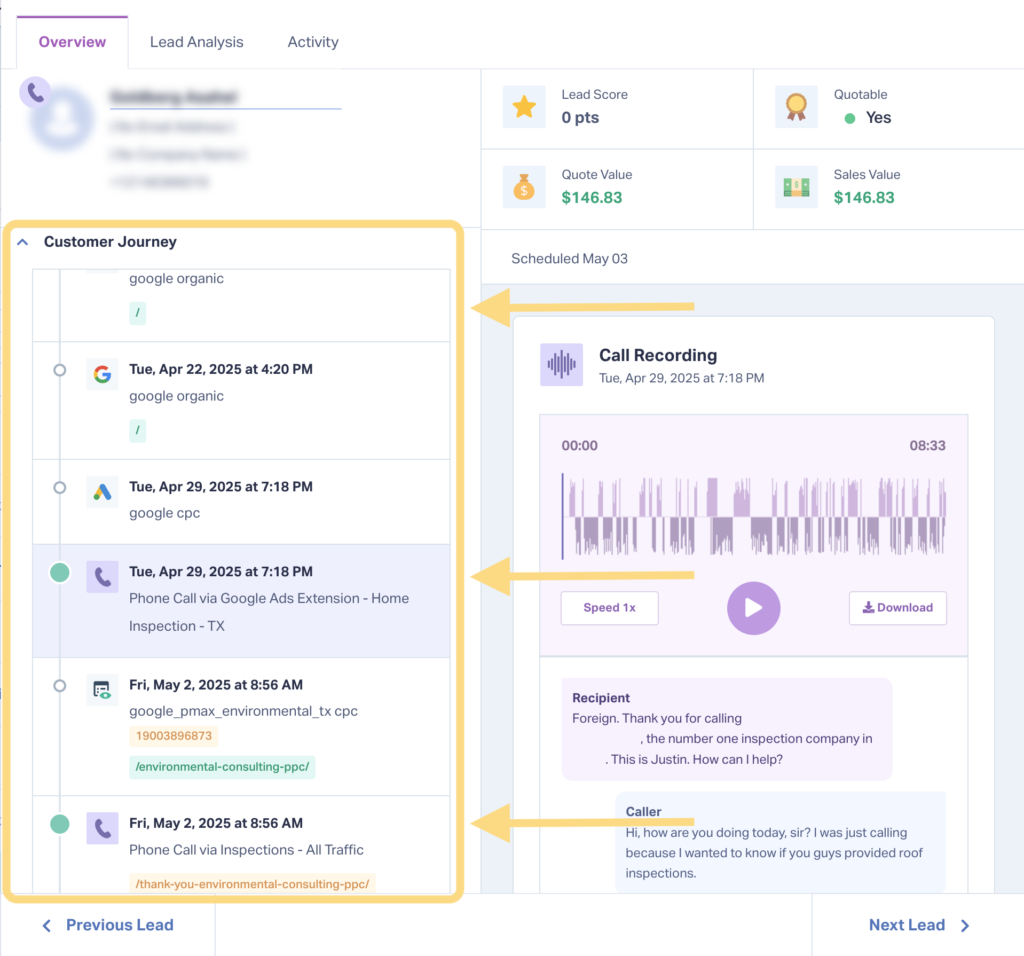 Screenshot of the Customer Journey inside WhatConverts, showing users the exact touchpoints for a lead across your marketing.
