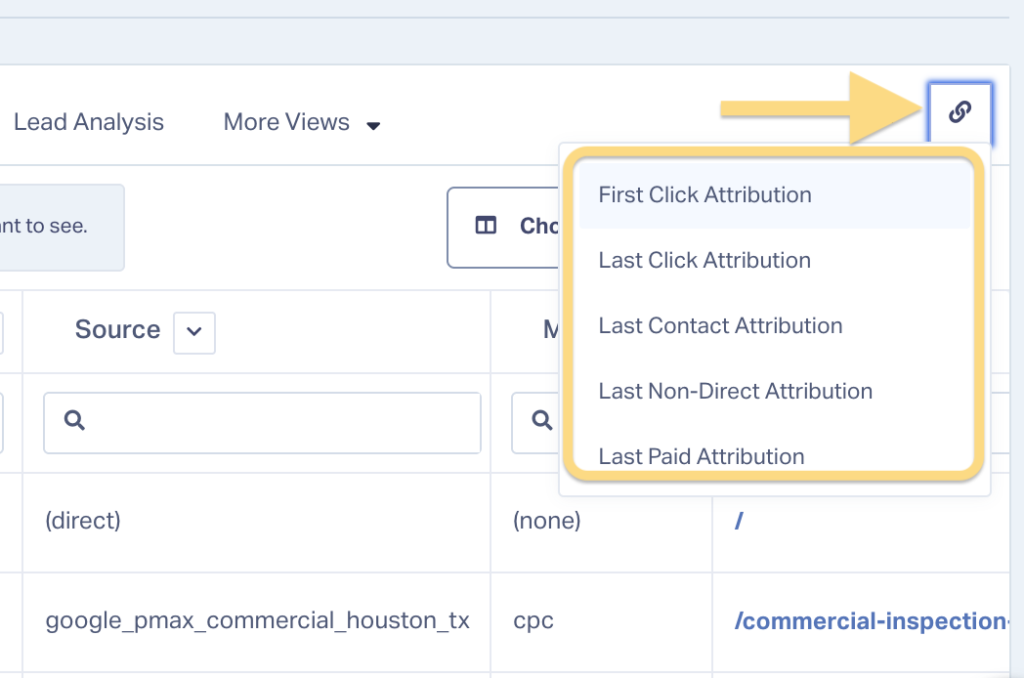 Screenshot of ability to switch attribution models within WhatConverts.