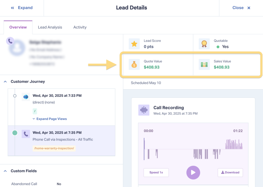 Screenshot in WhatConverts showing the sales value for a single lead. 
