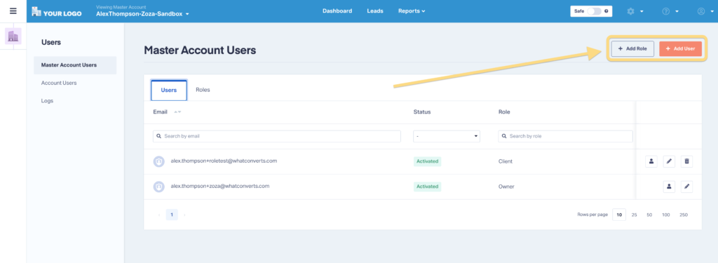 Screenshot of how to add new Roles and Users inside WhatConverts.
