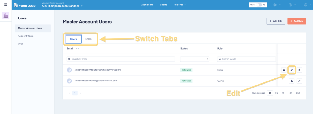 Screenshot of how to switch tabs and edit Roles and Users inside WhatConverts.