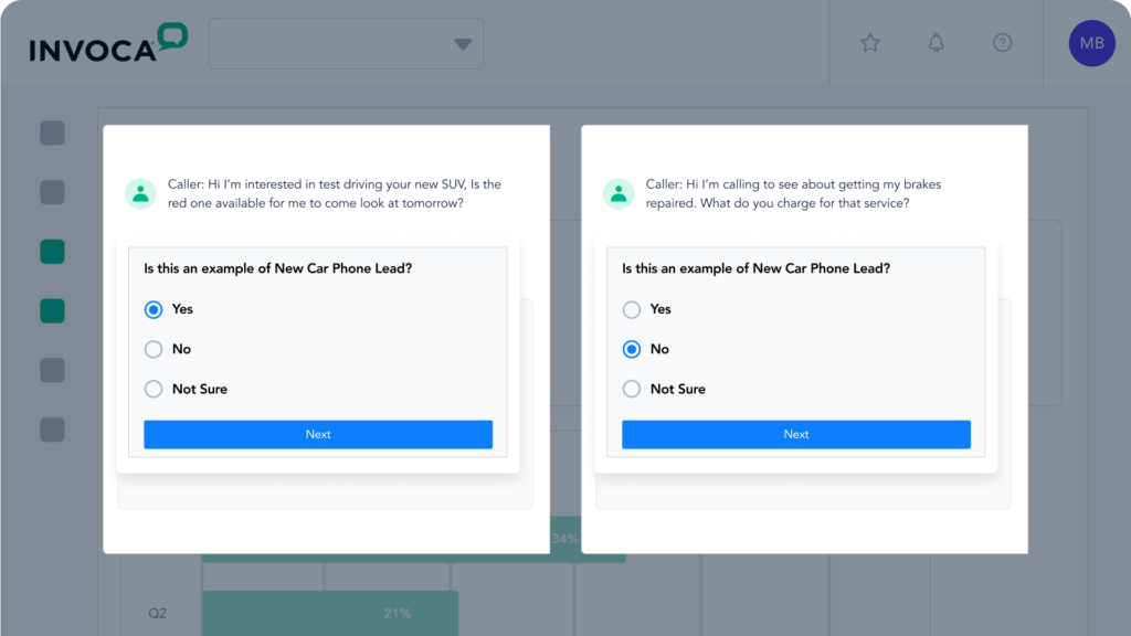 wo training examples in Invoca's Signal AI Studio showing call transcripts with labeling options - one caller asking about test driving an SUV marked as 'Yes' for New Car Phone Lead, another asking about brake repair marked as 'No' for New Car Phone Lead.