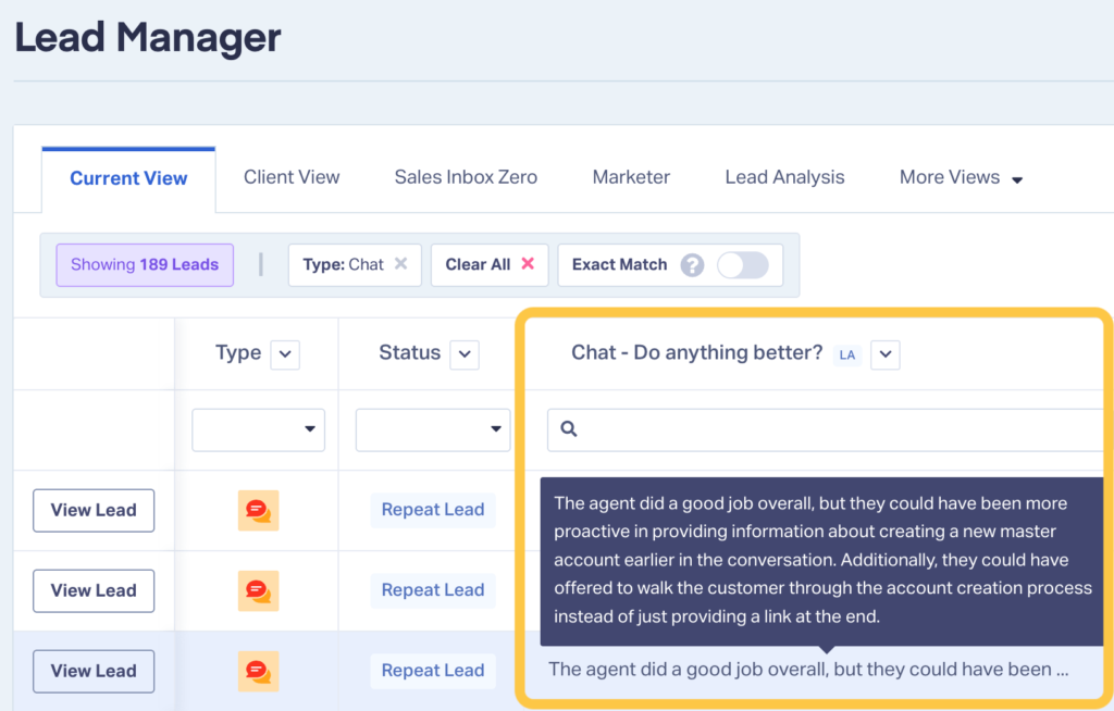 Screenshot showing the output of AI Analysis being asked how the support chat could have been handled better. 