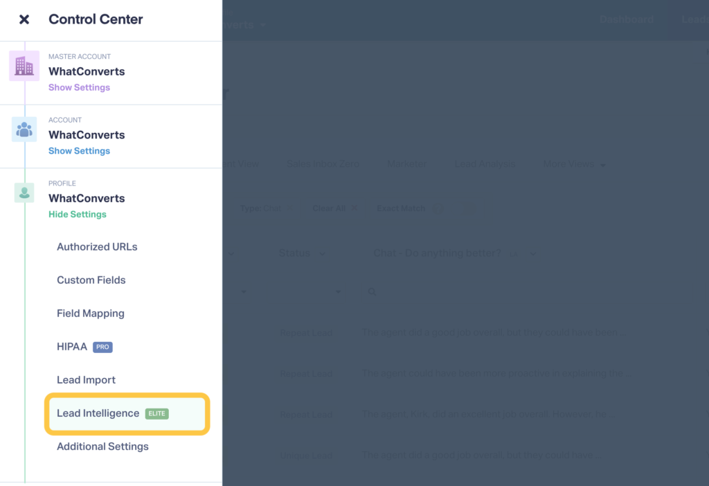 Screenshot showing where to access AI Analysis from the Lead Intelligence option in the Control Center in WhatConverts. 