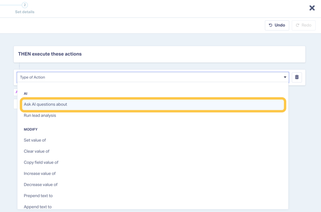 Screenshot showing the action needed to use AI Analysis in WhatConverts.