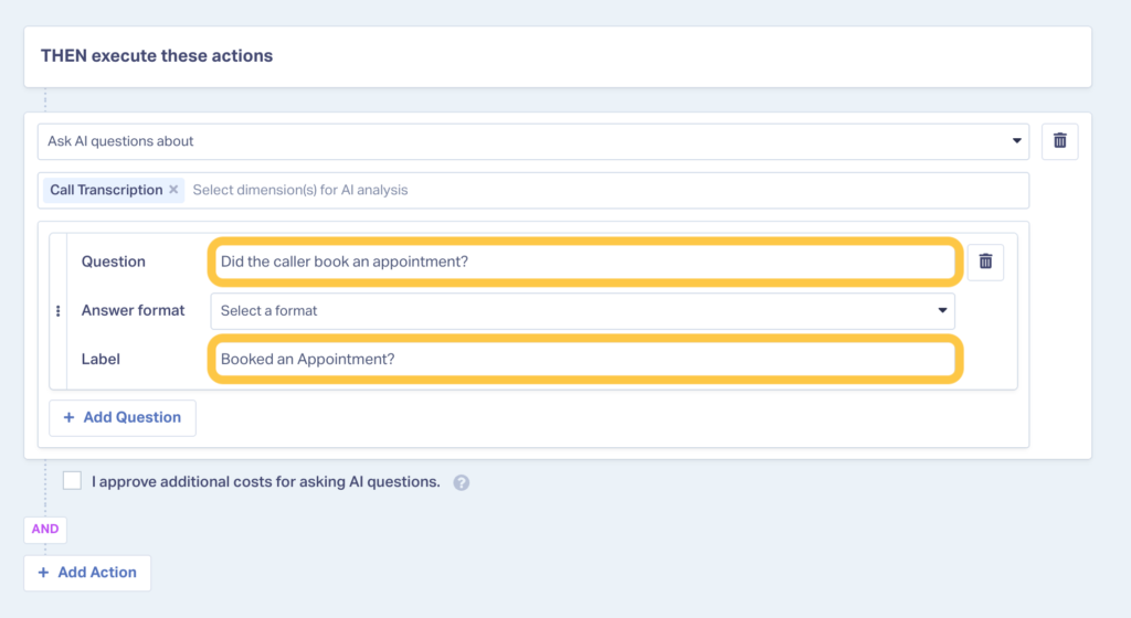 Screenshot showing where to choose the question and label for an AI Analysis query in WhatConverts.