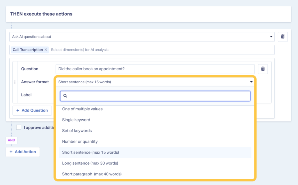 Screenshot showing the answer format options available for AI Analysis queries in WhatConverts.