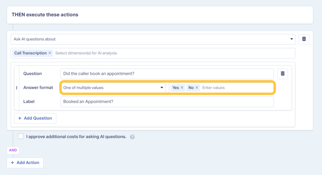 Screenshot showing a yes/no answer format for AI Analysis in WhatConverts.