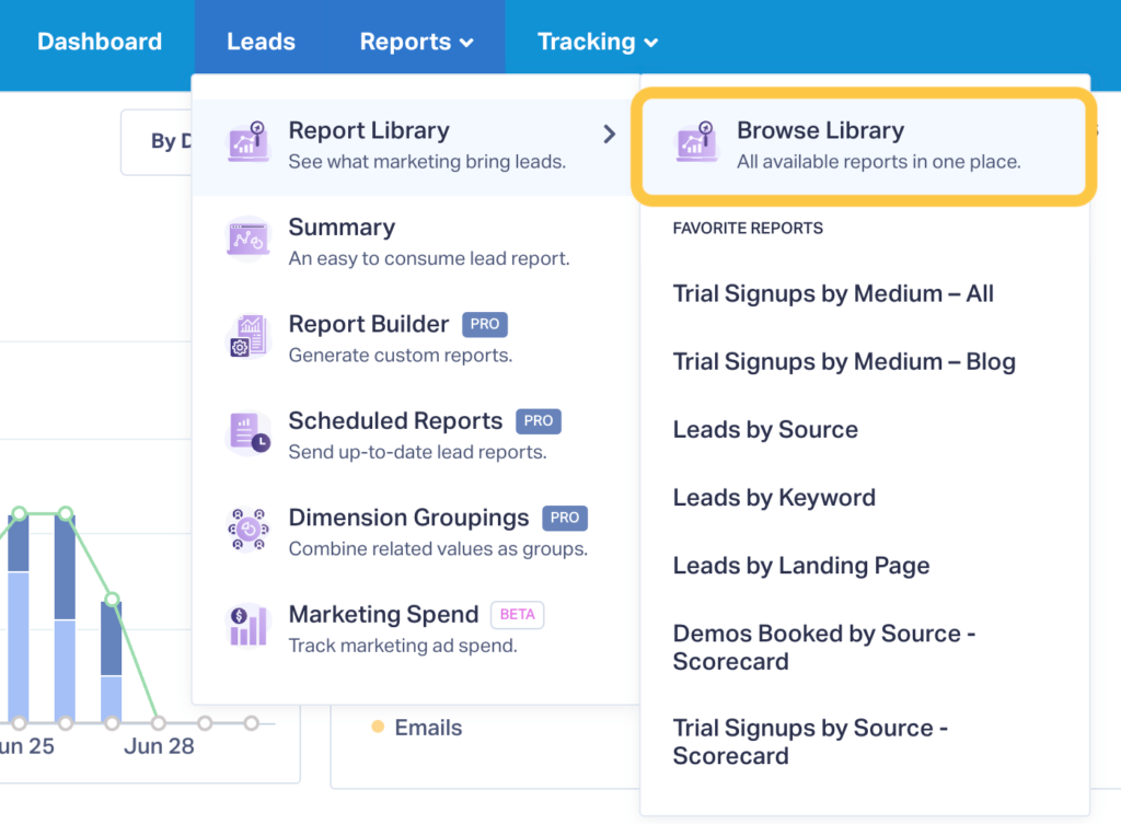 Screenshot showing how to get to the Report Library in WhatConverts.