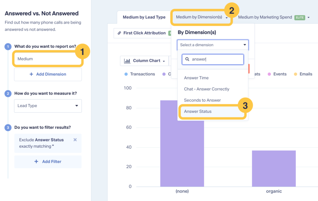 Screenshot showing how to create a more advanced answer status report in WhatConverts.
