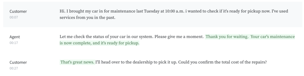 Transcript of a car maintenance conversation: customer asks if their car is ready for pickup, agent confirms it’s complete, then customer asks for the total repair cost.