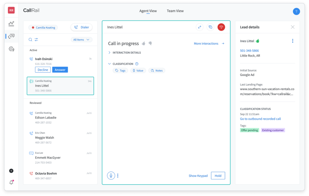 CallRail's Lead Center dashboard showing a centralized view with a leads list on the left, an active call interface in the center displaying interaction details and classification options, and lead details panel on the right with qualification status and contact information.
