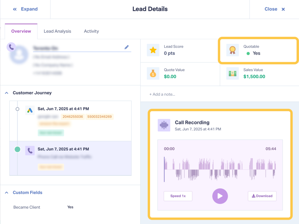 Screenshot of WhatConverts showing lead data in the Lead Details page that lets marketers understand lead quality and mark qualified leads as quotable.