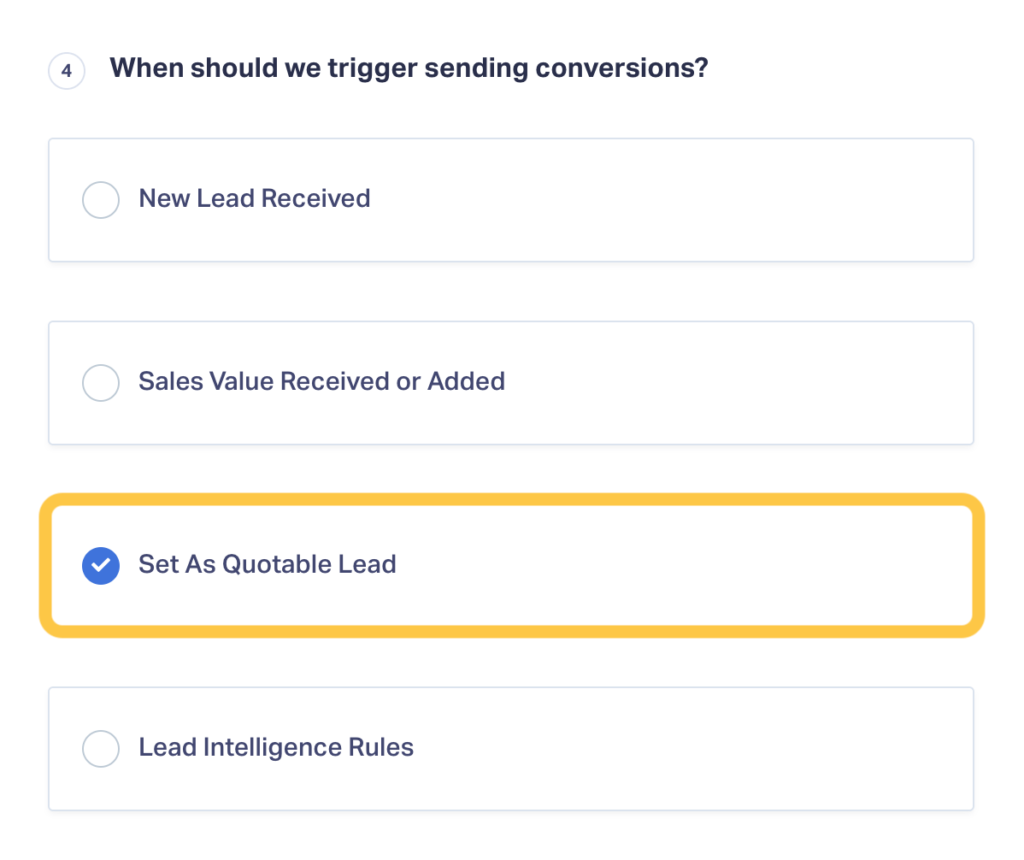 Screenshot of WhatConverts showing how to only send quotable leads to Google Ads as conversions, letting the algorithm target higher quality leads.