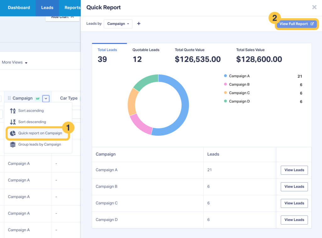 Screenshot of WhatConverts showing how to go to a report from the Quick Reports interface.