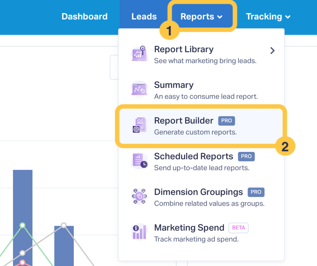 Screenshot of WhatConverts showing how to get to the Report Builder interface.