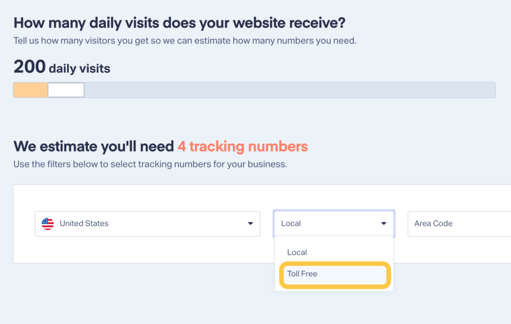 WhatConverts screenshot showing how to select a toll-free number in WhatConverts.