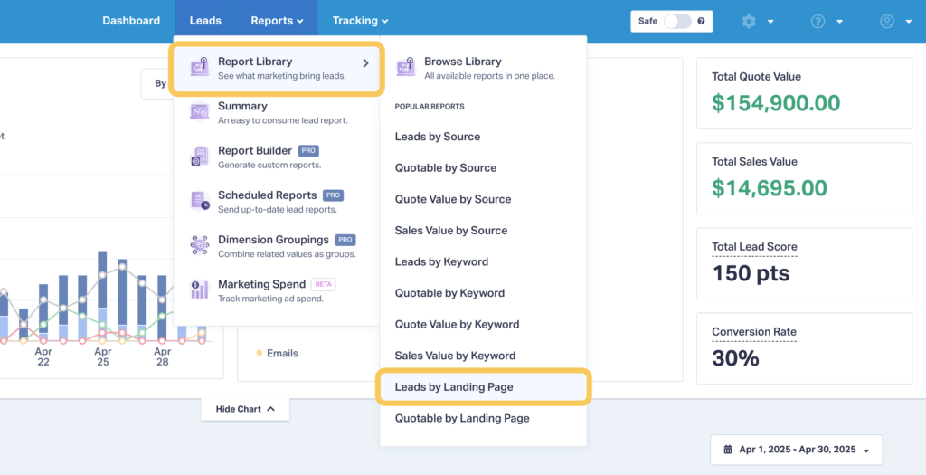 Screenshot showing how to get to the Leads by Landing Page Report in WhatConverts. 