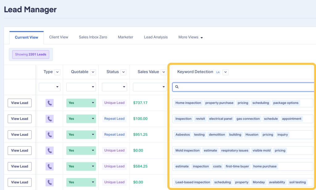 Screenshot of WhatConverts showing where to find Spotted Keywords from your leads, perfect for finding new opportunities.