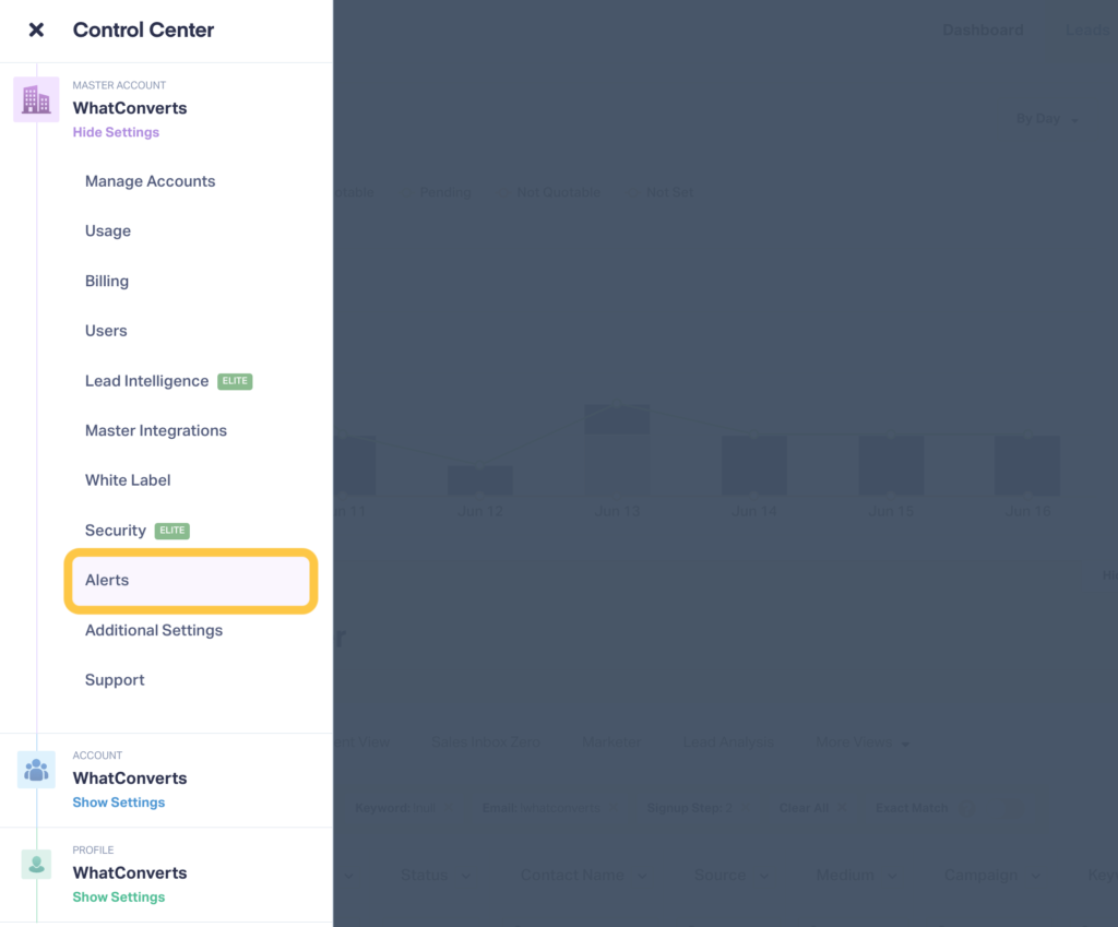 Screenshot of where to find the Alerts Center settings in WhatConverts.