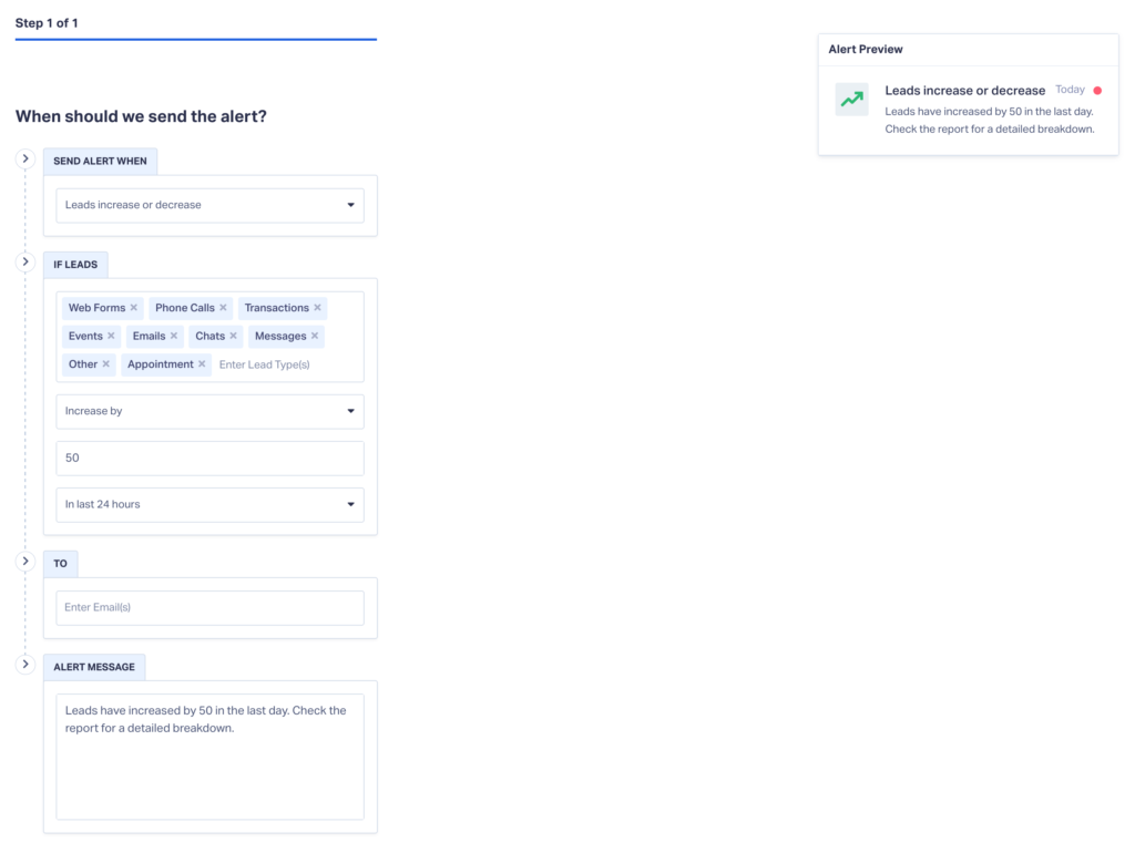 Screenshot of the setup process for the lead increase/decrease type of alert in WhatConverts.