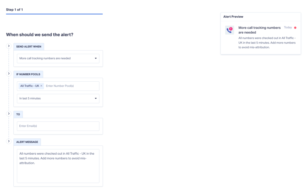 Screenshot of the setup process for the number pool type of alert in WhatConverts.