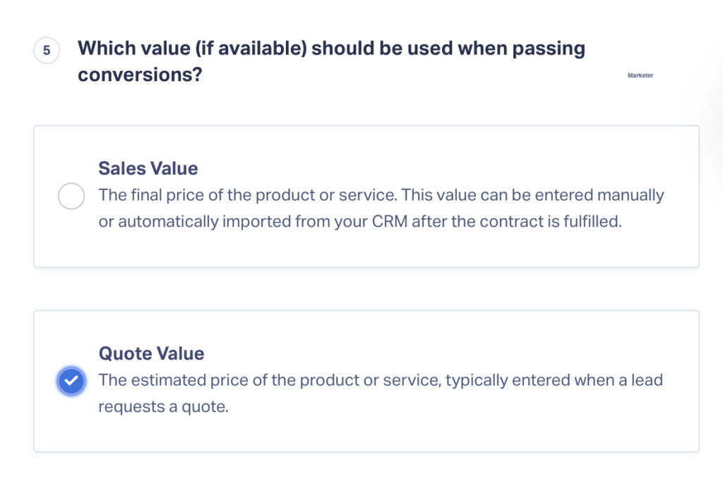 Screenshot of WhatConverts showing the ability to send Quote Value back to Google Ads as a conversion value.