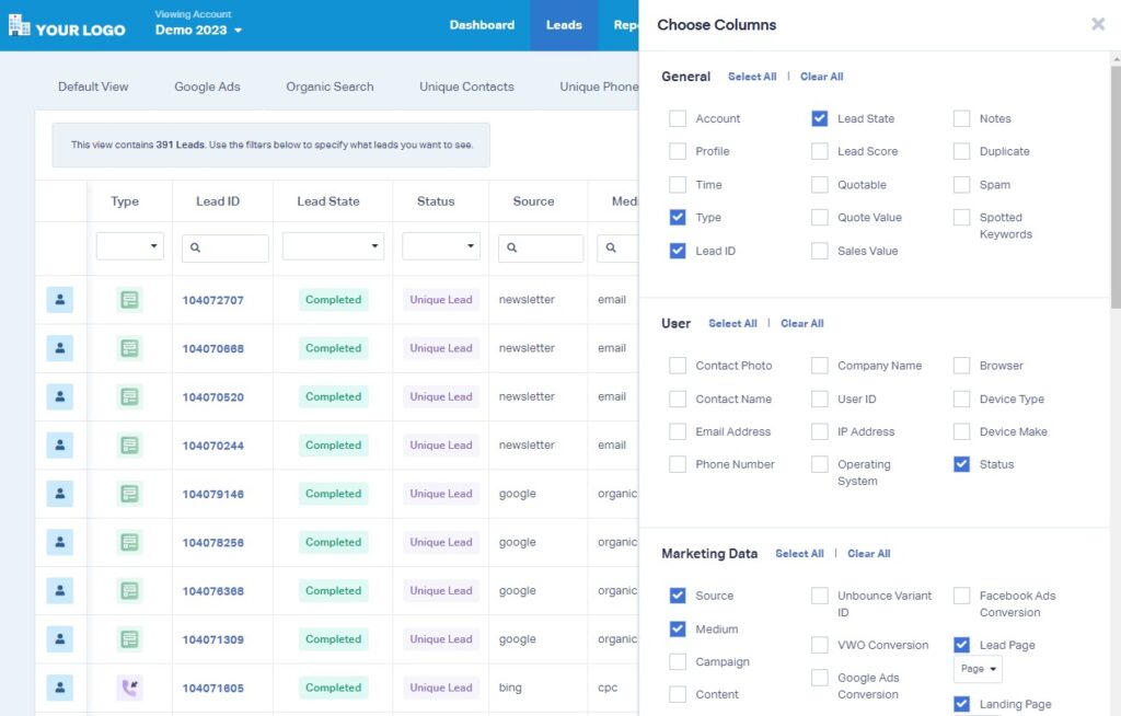 WhatConverts dashboard customization interface showing 'Choose Columns' options with categories for General, User, and Marketing Data, displaying checkboxes for various lead tracking data points including Lead Status, Lead Score, Account, Profile, and marketing attribution fields.