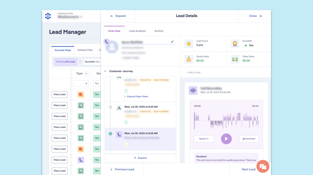 A screenshot of the Lead Details view in WhatConverts