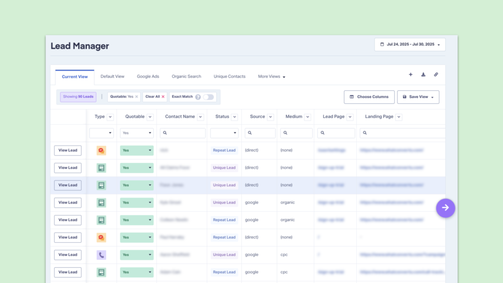 Screenshot of a qualified leads list view in the Lead Manager in WhatConverts