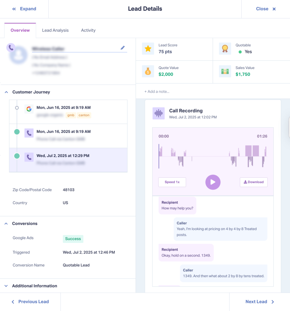 Screenshot of a report in WhatConverts showing the level of detail available inside the Lead Details screen so that clients have everything they need to qualify a lead.