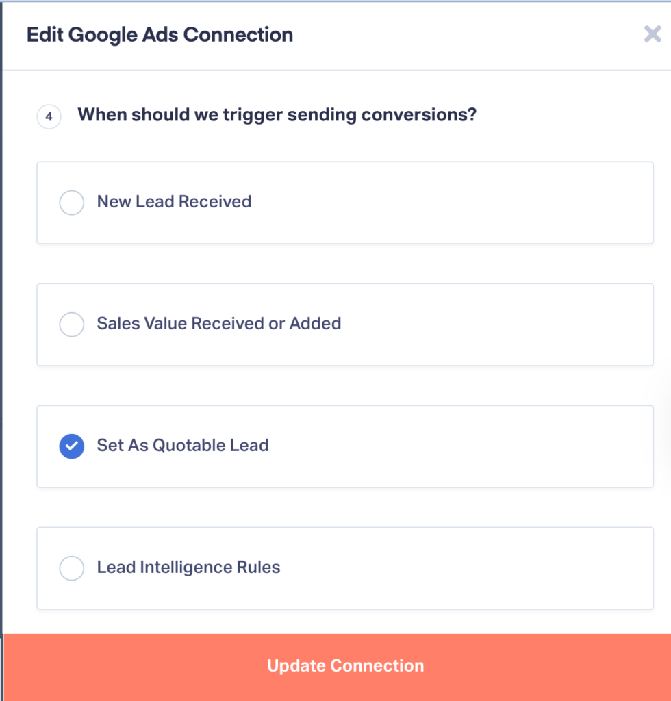 Screenshot of a report in WhatConverts showing the different conversion triggers for Google Ads conversions.