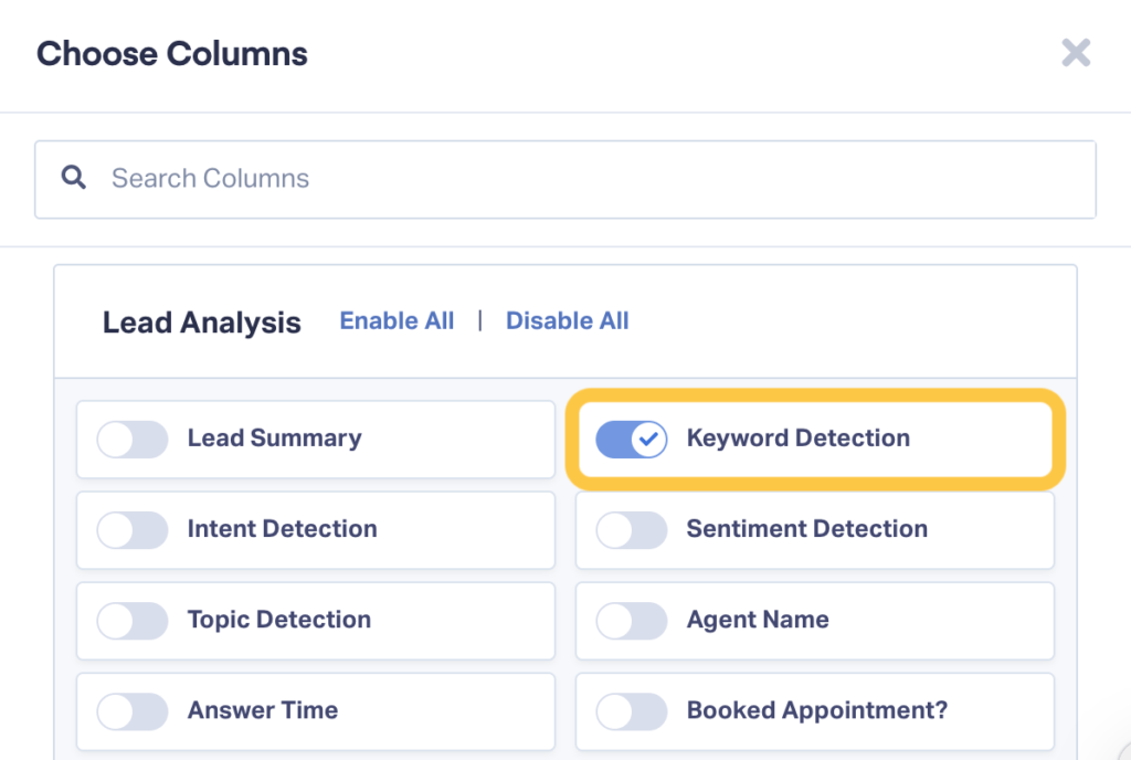 Screenshot of how to add Keyword Detection to your Lead Manager in WhatConverts.