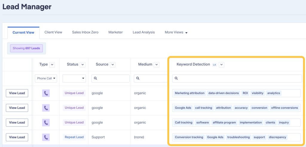 Screenshot of where to find Keyword Detection in your Lead Manager.