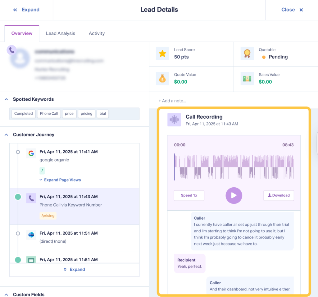 Screenshot of where to find call recordings in the Lead Details page.