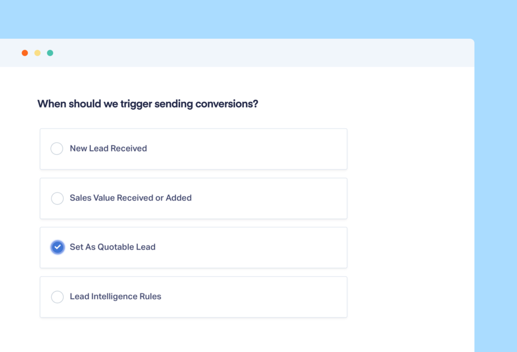 Screenshot showing Google Ads conversion triggers WhatConverts can use to send lead data back to Google.