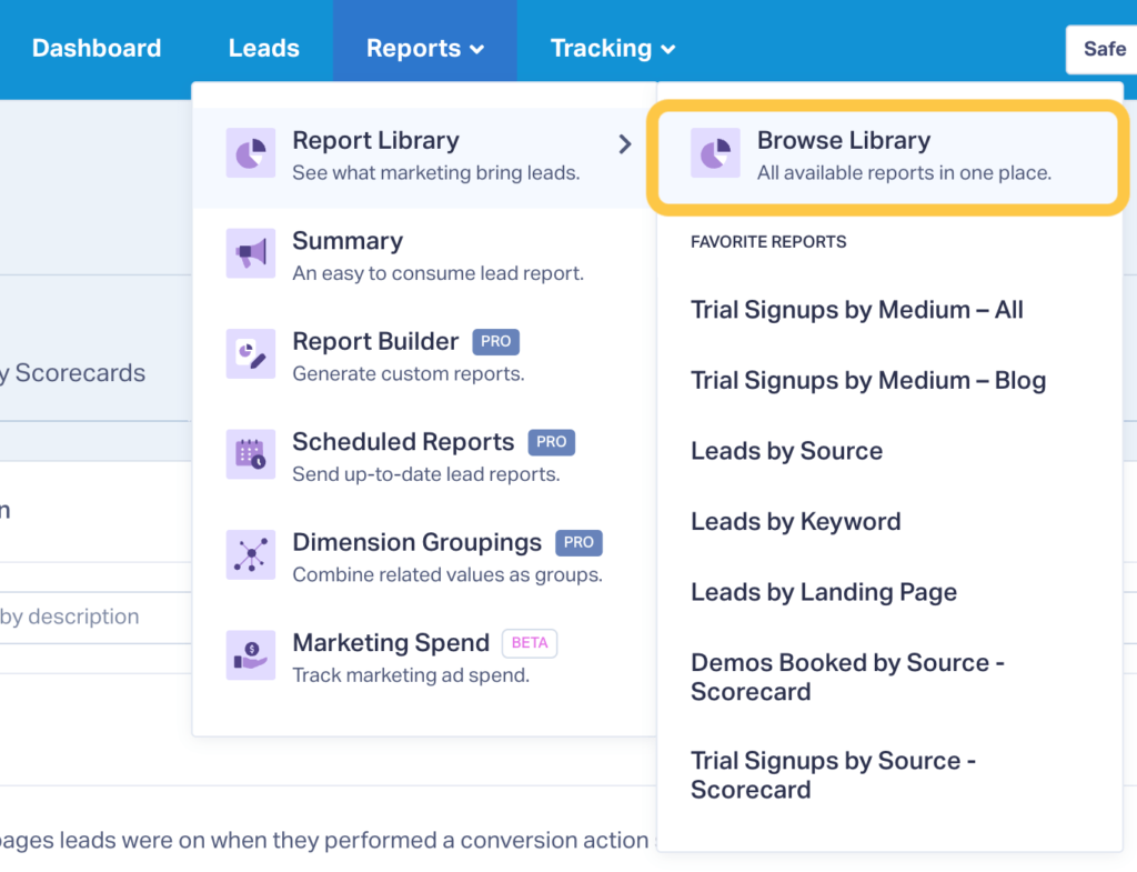 Screenshot of how to get to the Report Library in WhatConverts.
