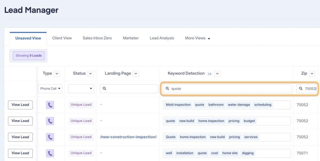 Screenshot showing Keyword Detection that can identify leads that mention a specific keyword. 