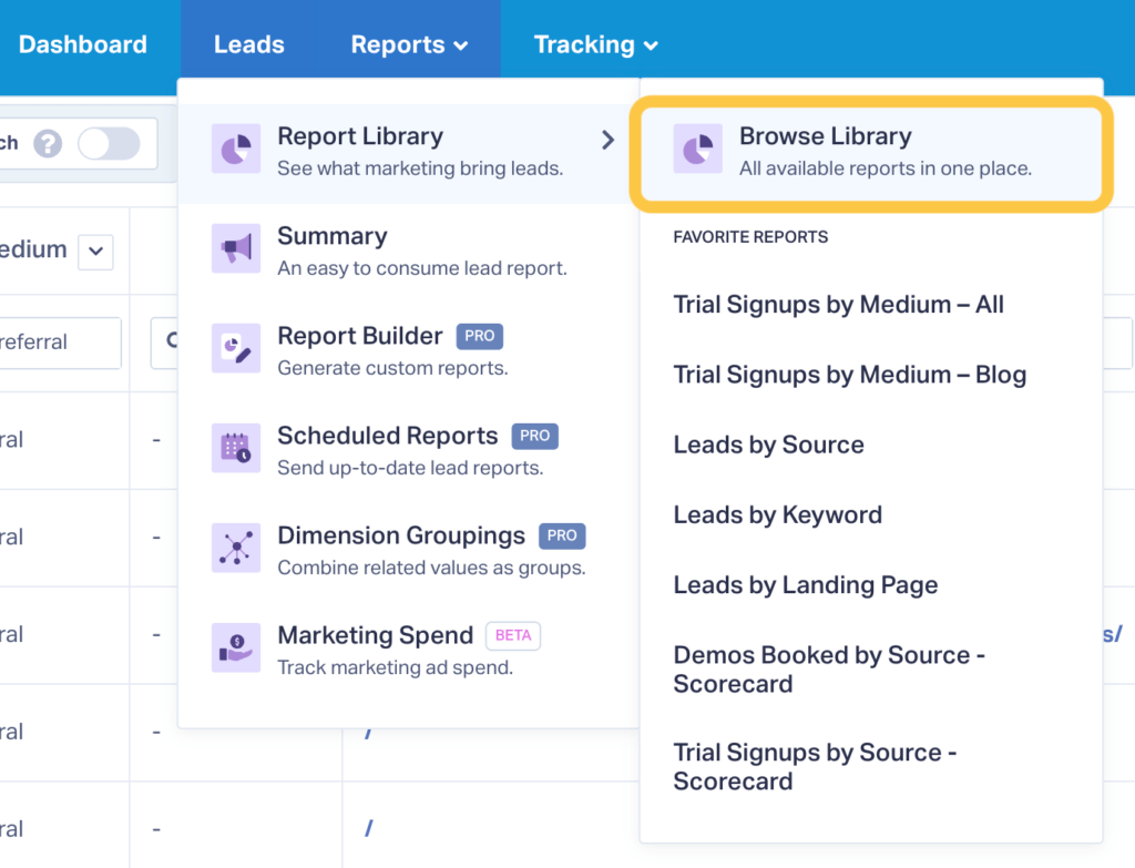 Screenshot of where to find the WhatConverts Report Library. 