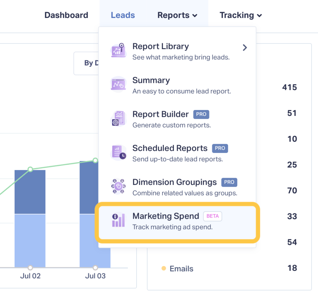 Screenshot showing how to find the marketing spend feature so it shows up on the newly updated WhatConverts Summary Report.