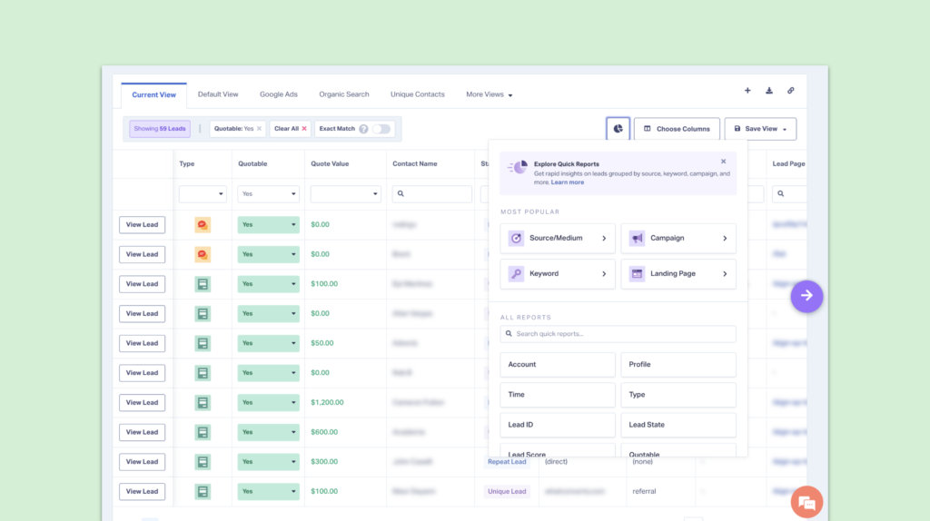 Screenshot of the improved Quick Reports menu in WhatConverts
