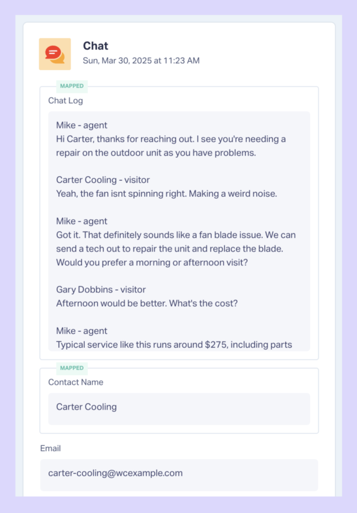 Screenshot of the chat transcript from the Lead Details panel