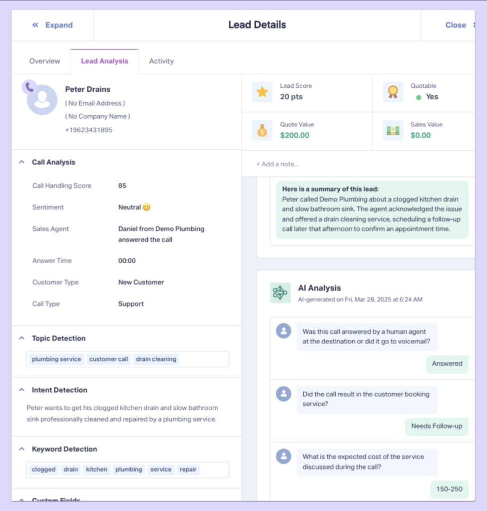 Screenshot showing how Lead Analysis works to enrich individual lead profiles.