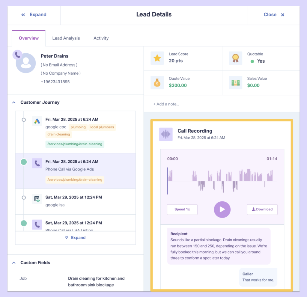 Screenshot showing how WhatConverts captures call recordings and transcripts