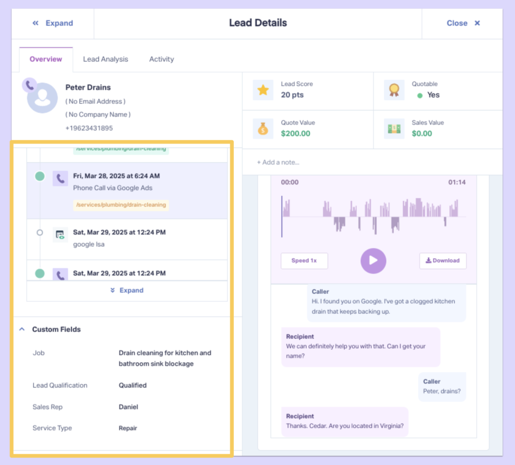 Screenshot showing how WhatConverts captures call source and type.