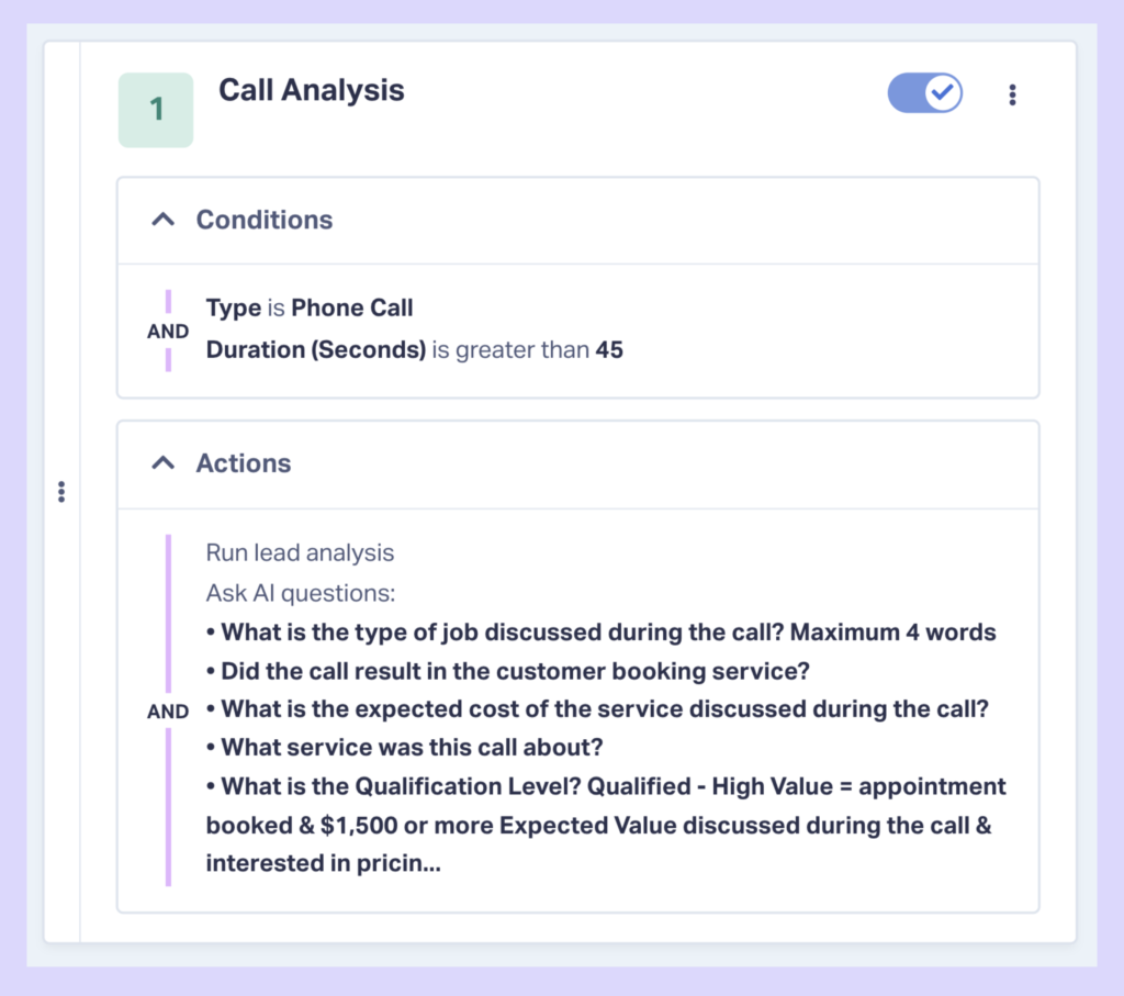 Screenshot of an example "Ask AI" setup for call analysis, prompting automatic questions like "What is the type of job discussed during the call?" and "What is the qualification level?"