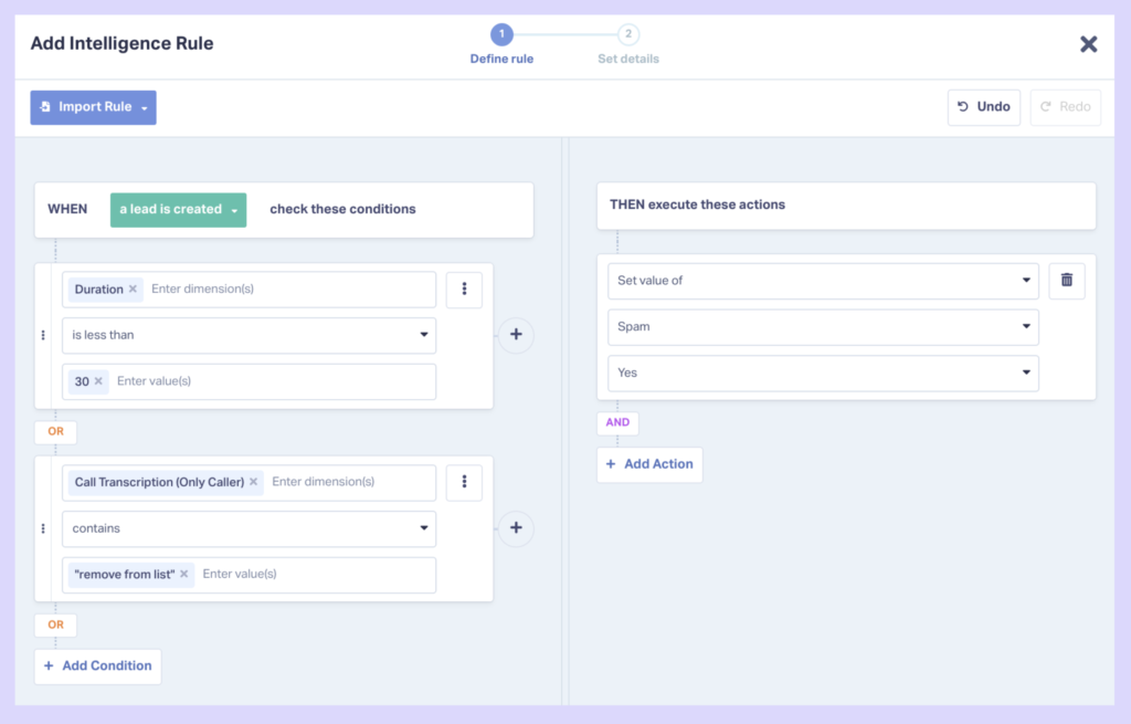 Screenshot of the Lead Intelligence rule setup for spam call filtering.