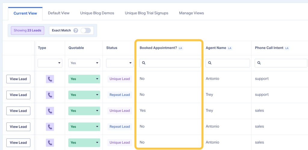Screenshot highlighting an Ask AI field in WhatConverts that tells you if an appointment was booked.